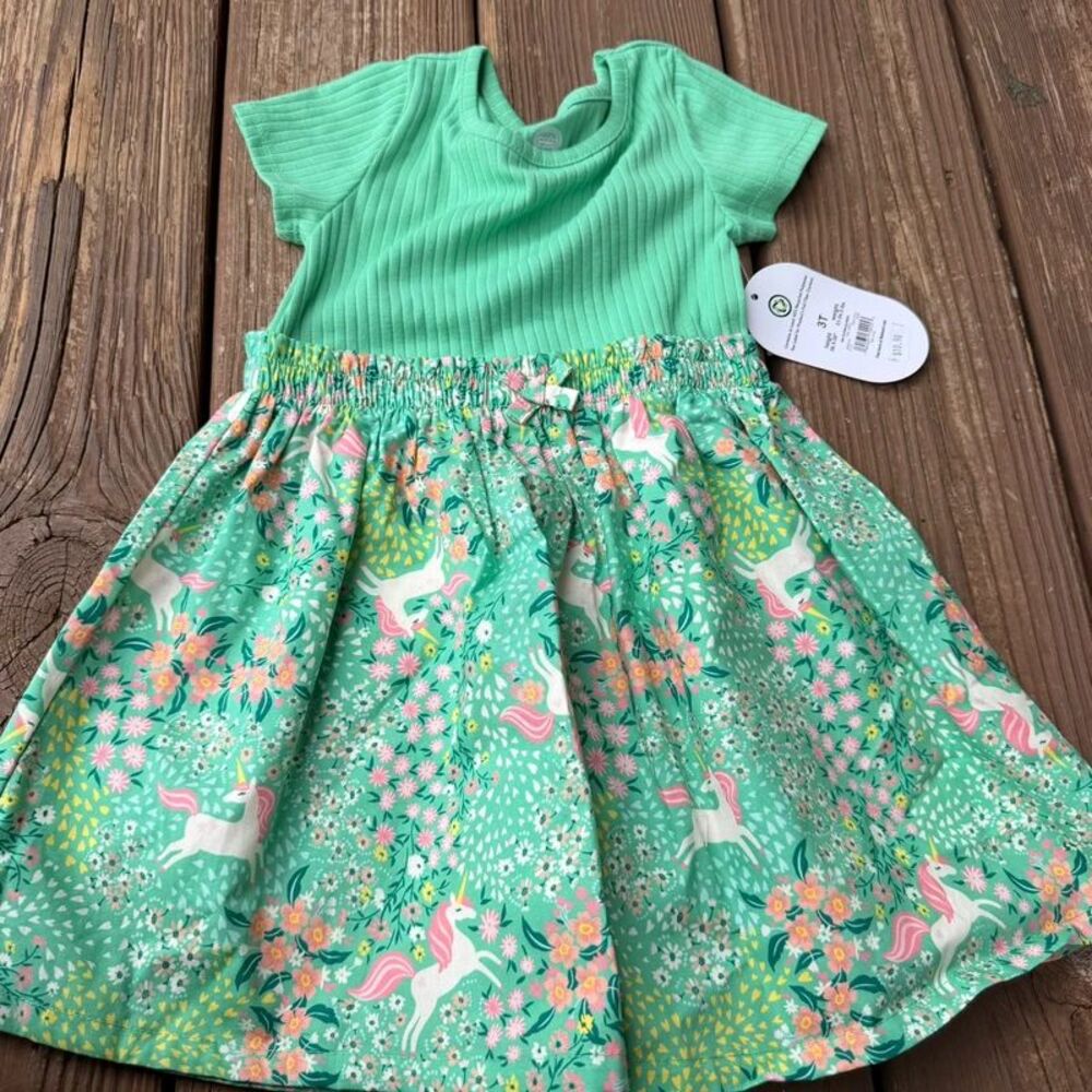 Wonder Nation Girls Green Unicorn Floral Dress Ribbed Top NWT 3T